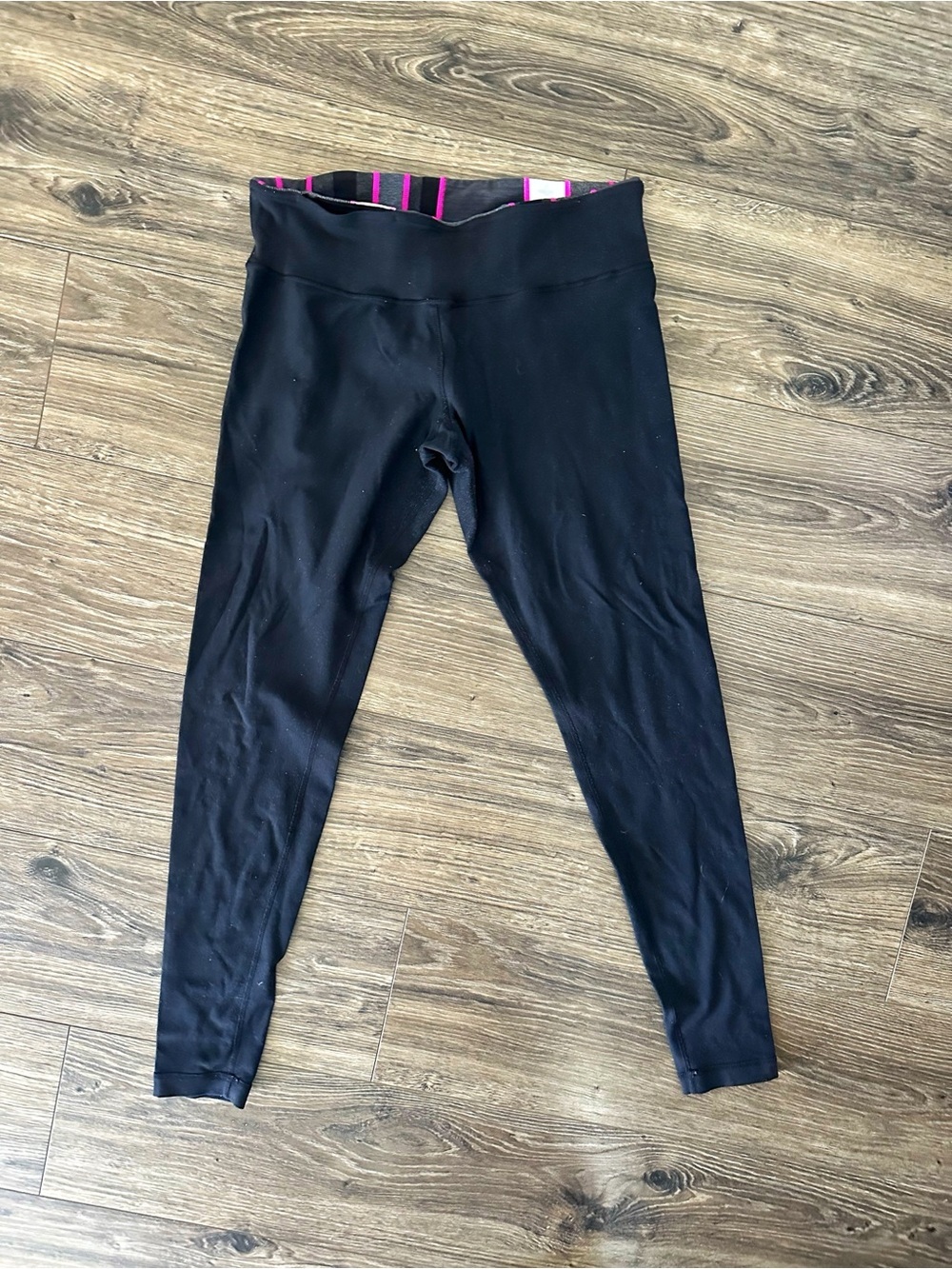 Lululemon Wunder Under Black Leggings with Pink Striped Waistband
